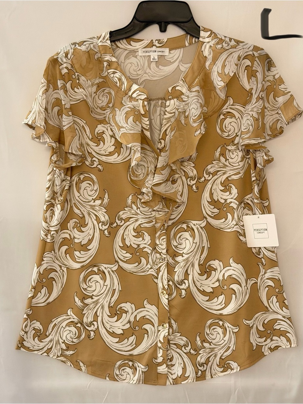 PerSeption Concept Camel and White Ruffle-Front Blouse with Scroll Print
